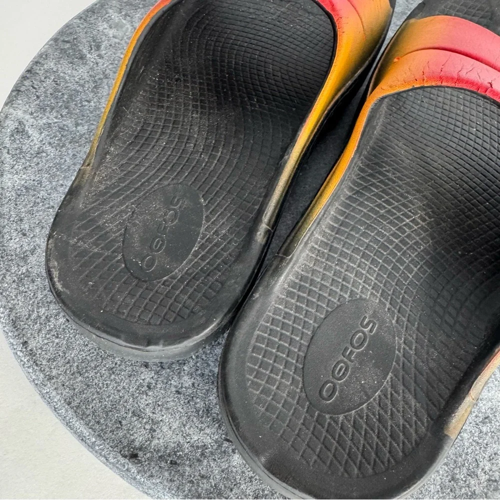 Oofos Ooah Slides Ombre Yellow Red Logo Black 8 10